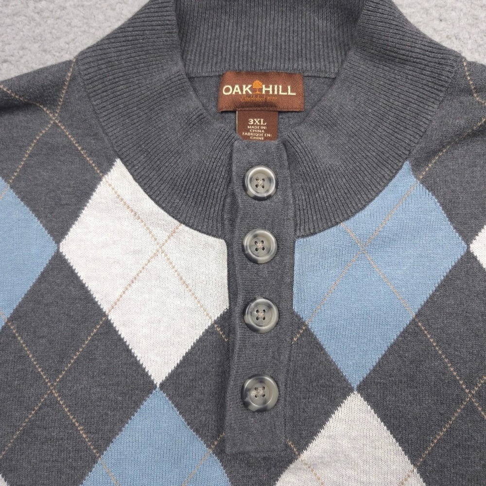 Oak Hill Sweater Men 3XL 100% Cotton Argyle Henley Pullover Gray Blue Big Tall - Picture 6 of 12